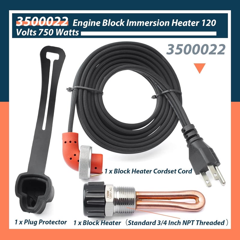 Lisnhlin 3500022 Engine Block Immersion Heater Replacement for Cummins for Paccar Diesel Engine 3/4 Inch NPT Thread 120 Volts 750 Watts with Cordset Cord and Plug Protector - Image 2